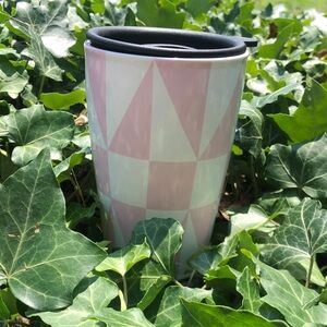 Pink Geometric Insulated Travel Mug with Black Lid